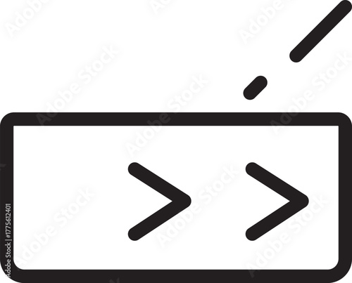 Black Line Art Icon of Text Box with Double Greater Than Symbols and Antenna for Radio Signal, Vector Illustration