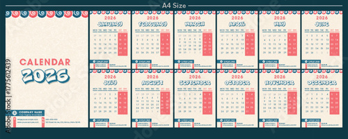 Cheerful, retro themed 2026 annual calendar A4 Lively color palette of teal, red and orange. Complete twelve month planner ideal for creative businesses and engaging organization.