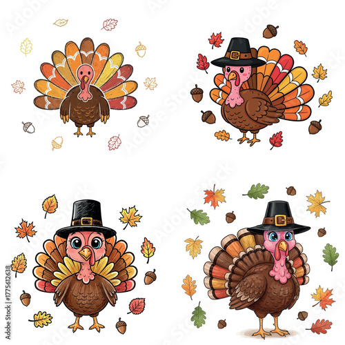 Adorable cartoon turkey characters in pilgrim hats celebrating the Thanksgiving holiday with autumn leaves and acorns