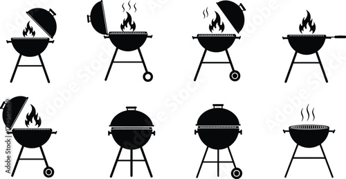 Barbecue grill silhouettes vector illustration, outdoor cooking equipment, BBQ icons, charcoal smoker, picnic party design, summer food preparation, isolated black kitchen appliance set