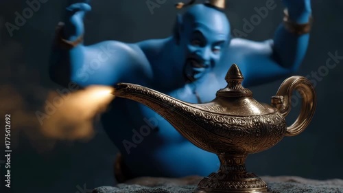 Magic genie emerging from ancient golden lamp