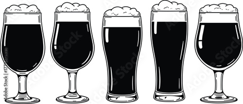 Beer glass vector set, dark beer with foam, pint, tulip, snifter styles, craft drink illustration, black outline style, minimal design