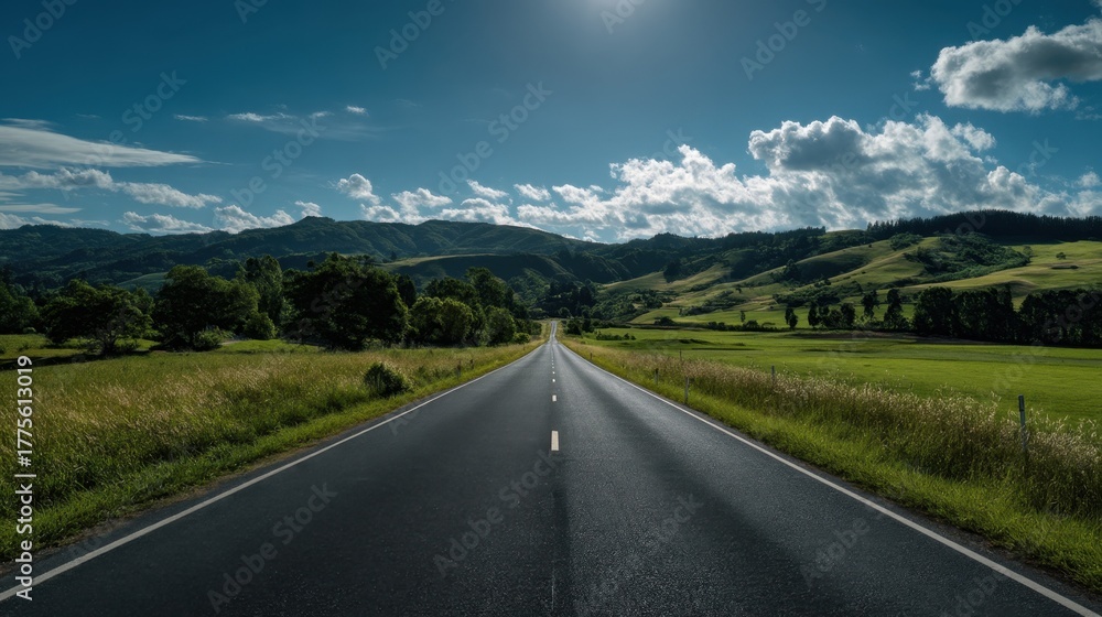 Fototapeta premium An empty asphalt road extending under a wide open sky with distant horizon, soft sunlight, photorealistic and cinematic.