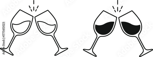 Celebration wine glasses clinking, red wine toast, white wine toast, party cheers, festive drink, vector illustration, simple outline style, minimal design