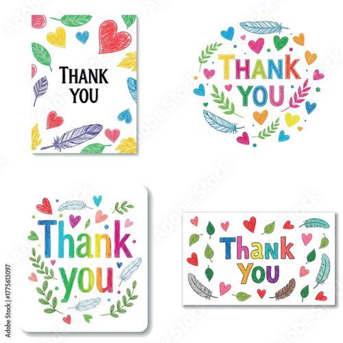 Whimsical designs with colorful thank you typography, hearts, and feathers for a creative thanksgiving message