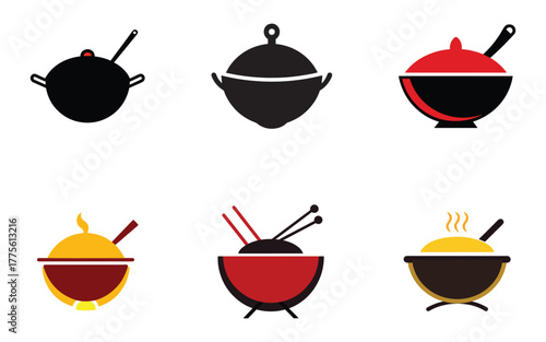 Wok Cooking Vessels and Noodle Bowl Illustrations Set for Asian Cuisine Concepts and Restaurant Branding Projects