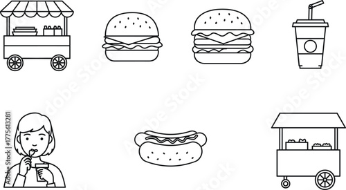 Fast food vector set, hamburger, hot dog, soda cup, street food cart, person drinking, snack illustration, black outline style, minimal design
