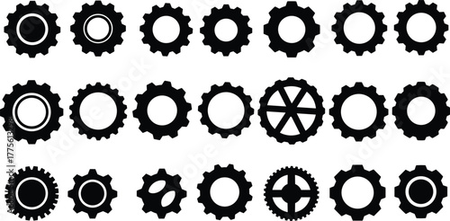 Gear icon illustration with mechanical wheels, industrial cogs, engineering parts, machinery elements, black silhouettes, vector design, technology symbols, mechanical components set