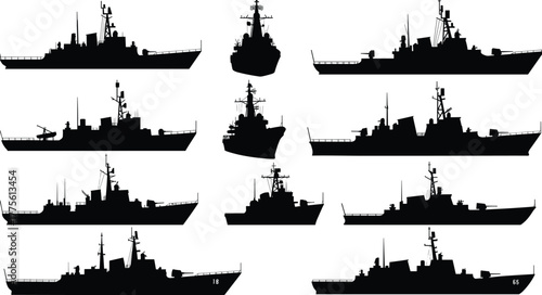 Naval warship silhouettes illustration, military ships vector set, destroyer cruiser frigate collection, navy fleet design, maritime defense vessels, battleship graphic icons, sea combat