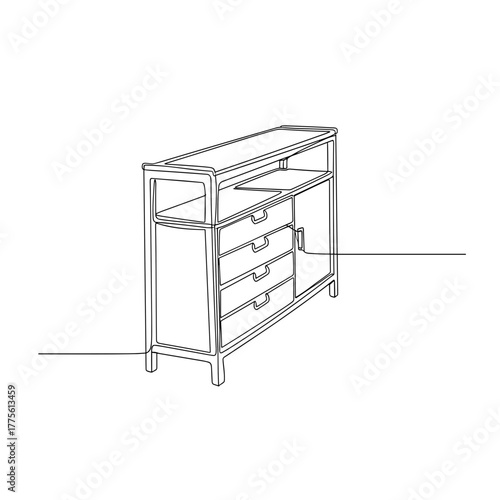 Tall sideboard with drawers and shelf in minimalist line art style