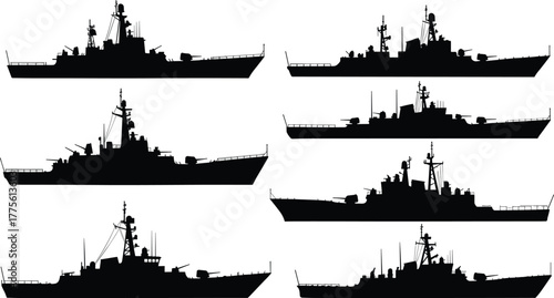 Silhouette naval warships vector illustration, military battleship icons, modern destroyer, cruiser, frigate, fleet vessels, defense navy ships, isolated black design set