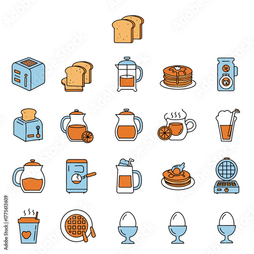 Breakfast icon set toasts coffee juice pancakes eggs and waffles on a white background ideal for food blogs menus or recipe websites.
