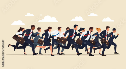 Business people running in a competitive race pursuing success in a corporate environment illustrating teamwork and ambition in a career sprint deadlines competition.