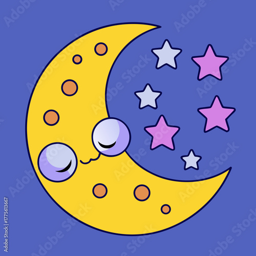 Cute sleepy crescent moon with stars silhouette isolated on white background