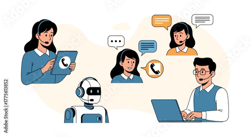 Customer support team working with AI providing assistance with headsets and devices in a modern office showcasing technology and communication