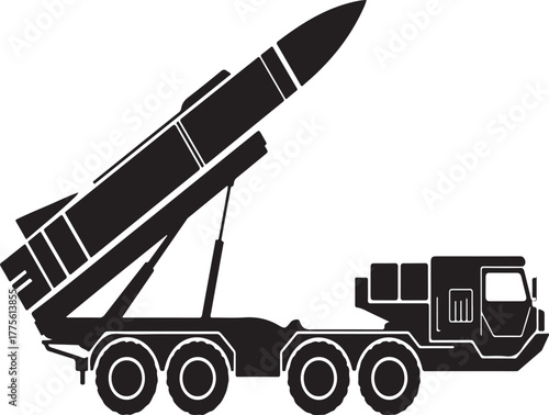 Black missile launcher vehicle with angled projectile military vehicle rocket