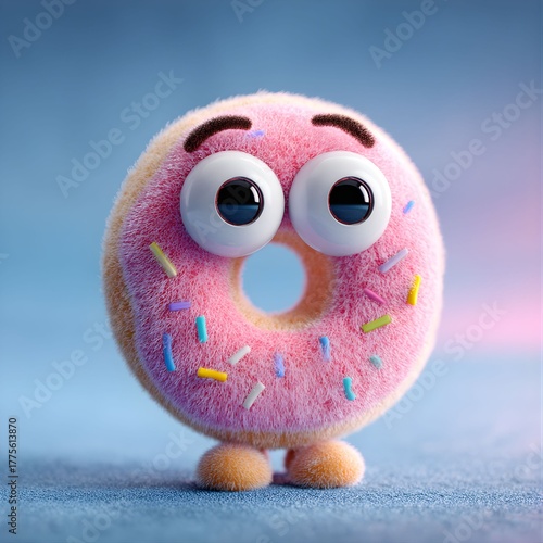 Cute Fluffy Pink Donut Character with Big Eyes and Sprinkles, 3D Illustration
