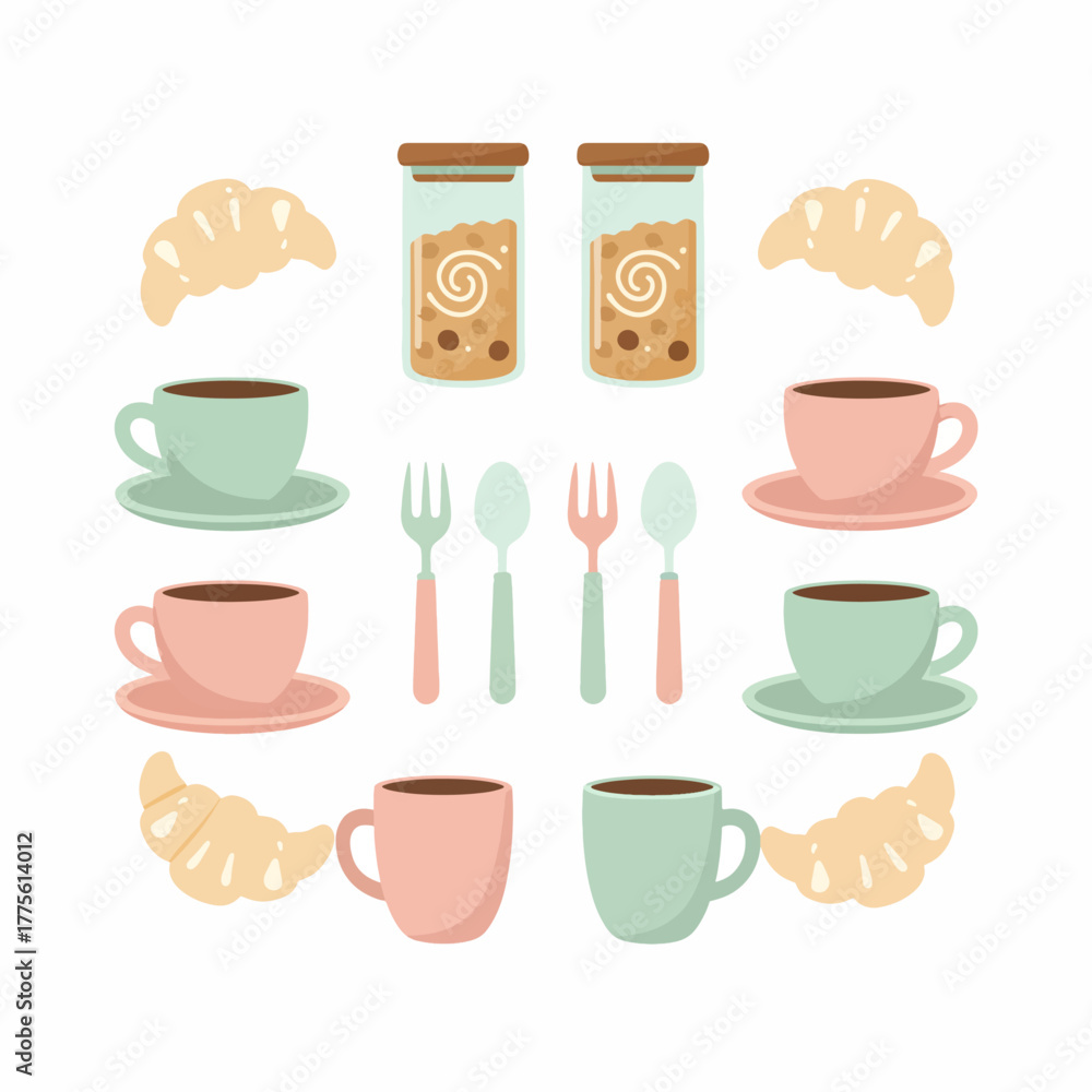 Obraz premium A Cute Pastel Coffee and Breakfast Set Illustration