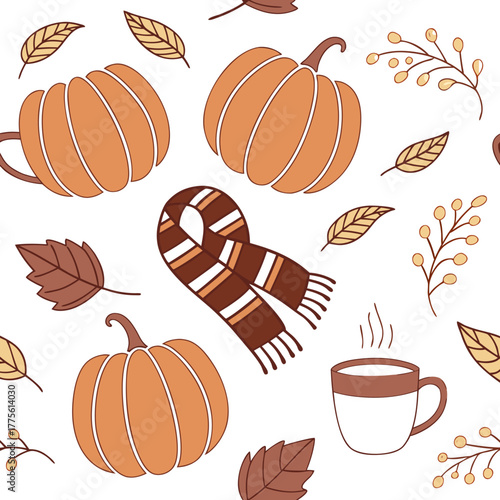 Whimsical autumn pattern featuring pumpkins scarves hot drinks and falling leaves in warm tones