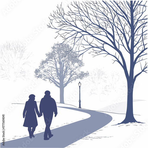 Couple holding hands walking on a snowy park path under bare winter trees and a lamppost