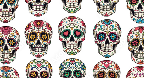 Day of the Dead sugar skulls pattern decorative calaveras for holiday vibrant Mexican folk art style symbolic celebration cultural heritage.