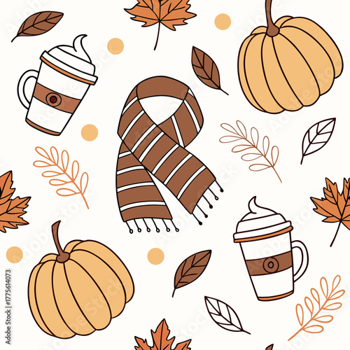 Cozy autumn pattern featuring pumpkins scarves hot drinks and falling leaves in warm colors