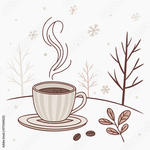 Cozy winter scene with a steaming cup of coffee on a saucer surrounded by snow falling on bare trees and coffee beans