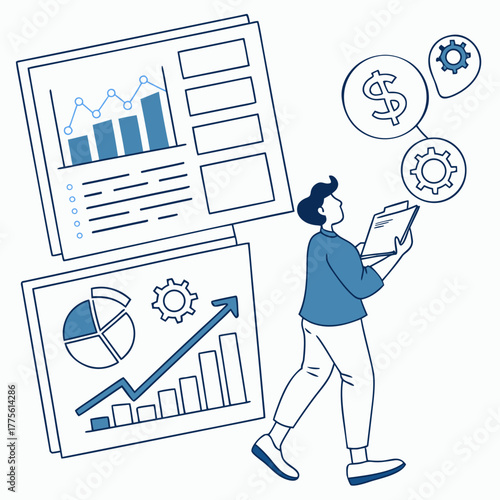 A businessman is looking at a business report with charts and graphs showing growth and progress the report is for the companys annual review and is