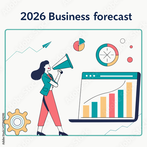 A businesswoman announces the 2026 business forecast with a megaphone, standing next to a laptop displaying a bar graph, accompanied by charts and a paper airplane