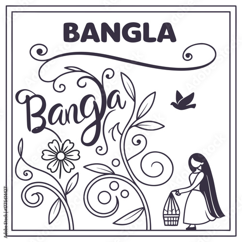 Elegant bangla typography with floral design, bird, and woman carrying a cage, capturing the essence of bengali culture and heritage