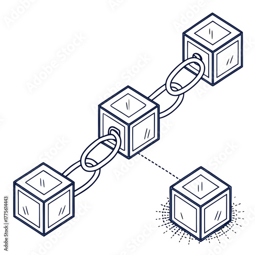 Blockchain network concept with connected cubes and a separate cube with rays, a modern illustration for technology, finance, and decentralized systems