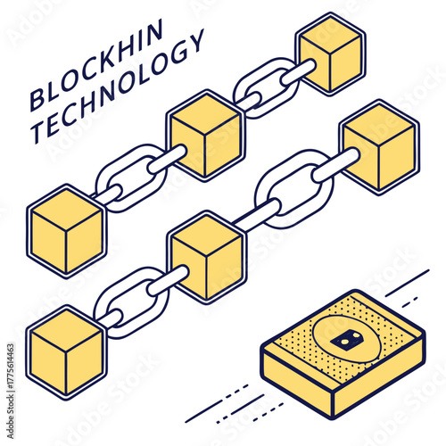 Isometric blockchain technology illustration depicts a secure and decentralized digital system with interconnected blocks, chains, and a secure digital wallet