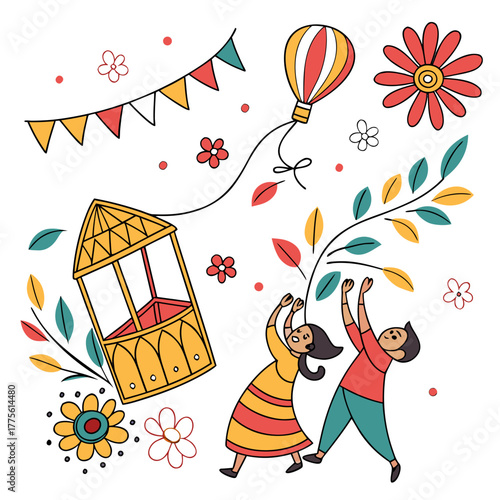 Festive celebration illustration featuring a couple dancing, a hot air balloon, a gazebo, flowers, and bunting, capturing the essence of joy and togetherness