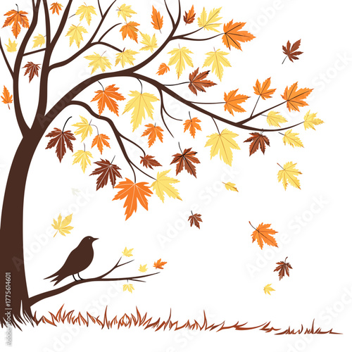 Silhouette of a solitary bird perched on a branch of a tree with falling autumn leaves in warm colors against a white background