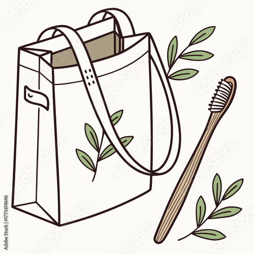 Eco friendly reusable tote bag with a bamboo toothbrush and green leaves for sustainable living and zero waste lifestyle