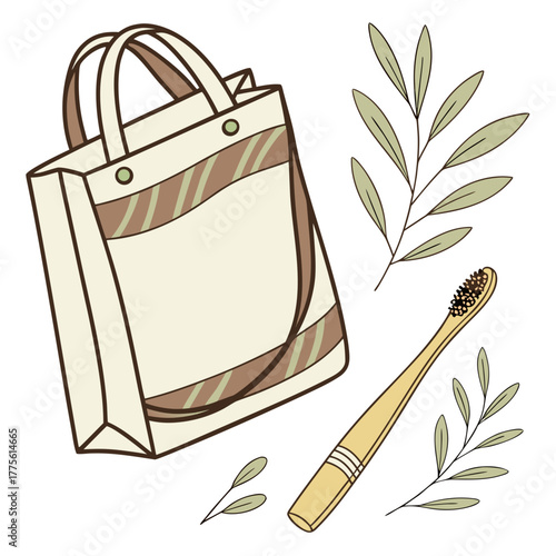 A reusable tote bag and a bamboo toothbrush with delicate green leaves on a white background