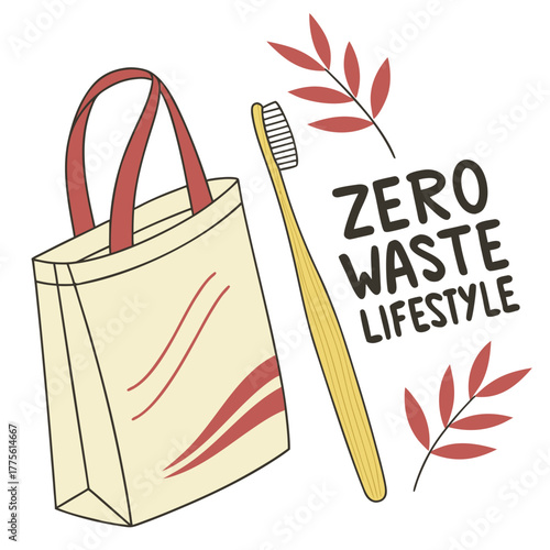 Illustration of a reusable shopping bag and bamboo toothbrush symbolizing a zero waste lifestyle with decorative leaves