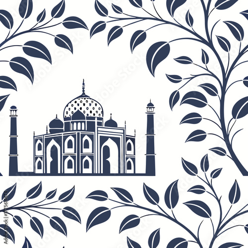Stylized silhouette of the taj mahal monument in india with decorative floral branches and leaves
