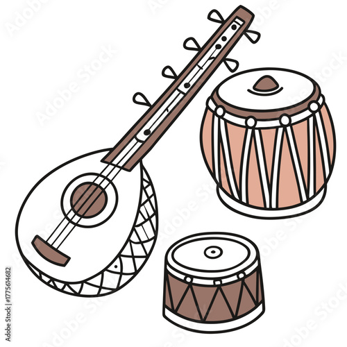 A captivating illustration showcases a tanpura, a stringed instrument, alongside a tabla, a pair of indian drums, all set against an, creating a harmonious visual