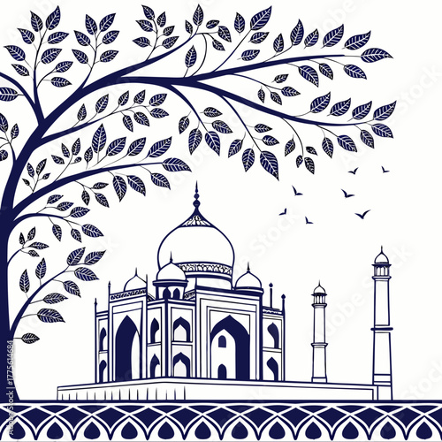 Stylized silhouette of the taj mahal with a large tree and birds in a minimalist blue and white design