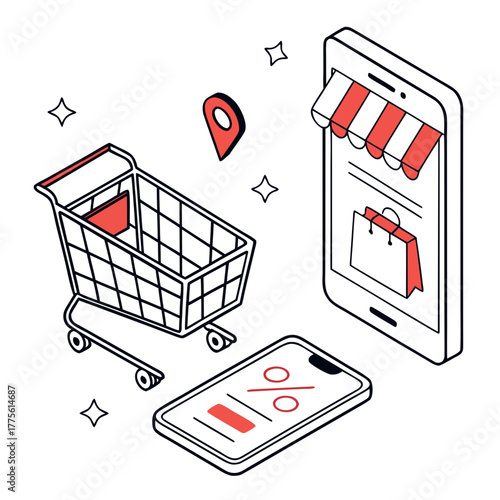 Isometric illustration showcasing online shopping convenience with a smartphone displaying a store, a shopping cart, a location pin, and a phone with a discount symbol
