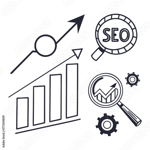 Hand drawn doodle icons representing seo analysis growth charts and gears for business development and strategy