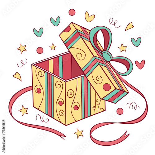 An open gift box, embellished with whimsical swirls and a charming ribbon, unveils the magic of surprises and celebrations in this delightful illustration