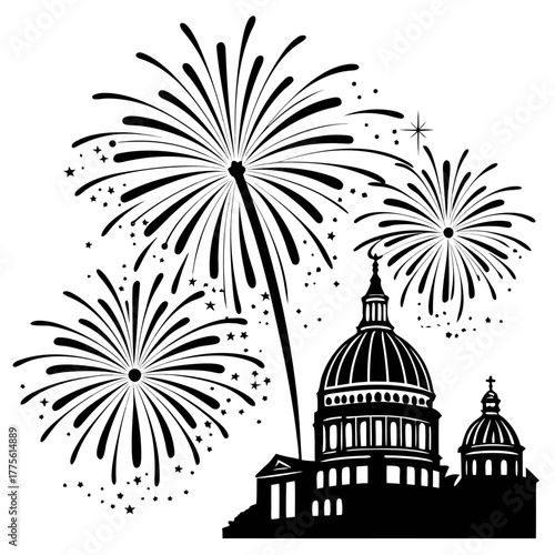 Silhouette of a building with fireworks, this vector illustration captures the grandeur and celebration with a festive display