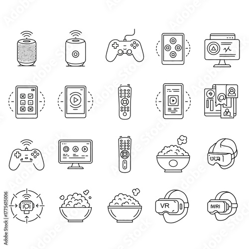 entertainment technology devices smart home electronics including smart speakers game controllers virtual reality headsets tv remote control and popcorn