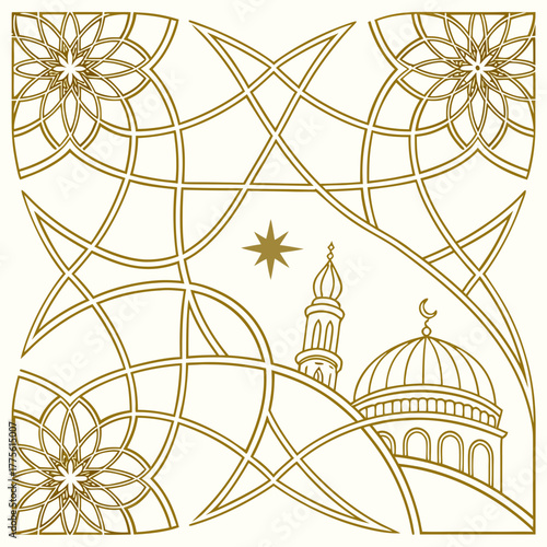 Elegant islamic geometric pattern with mosque dome minaret and star on cream background