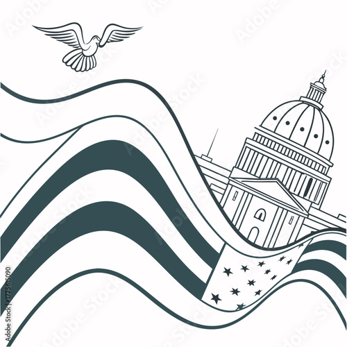 Dove flying over the united states capitol building with an american flag waving in the wind the image is a simple, clean design with a modern feel