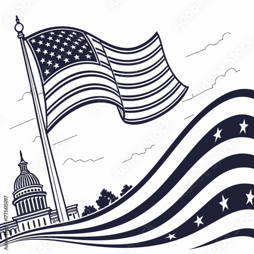 Illustration of the american flag waving proudly in front of the capitol building, symbolizing democracy and freedom, the artwork evokes a sense of patriotism