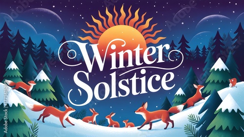 Wallpaper Mural Winter solstice greeting with foxes and rabbits in a snowy forest under a bright sun and starry night sky Torontodigital.ca