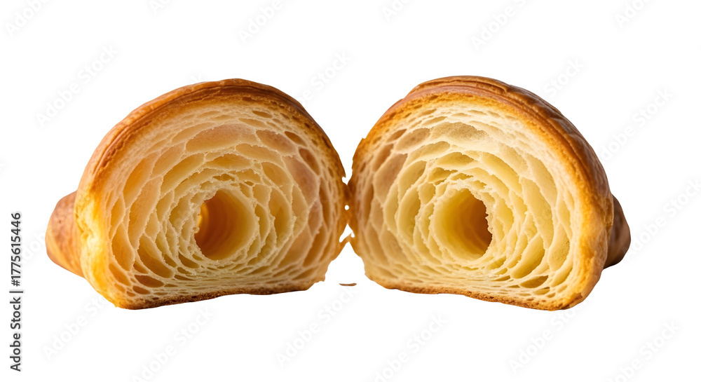 Fototapeta premium Freshly Baked Golden Croissant Cut in Half Revealing Flaky Layers isolated PNG with Transparent Background